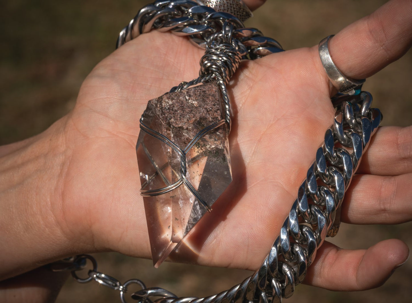 'Calm Strength' Giant Garden Quartz Lodolite Shard Stainless Steel Mega Chonk Necklace