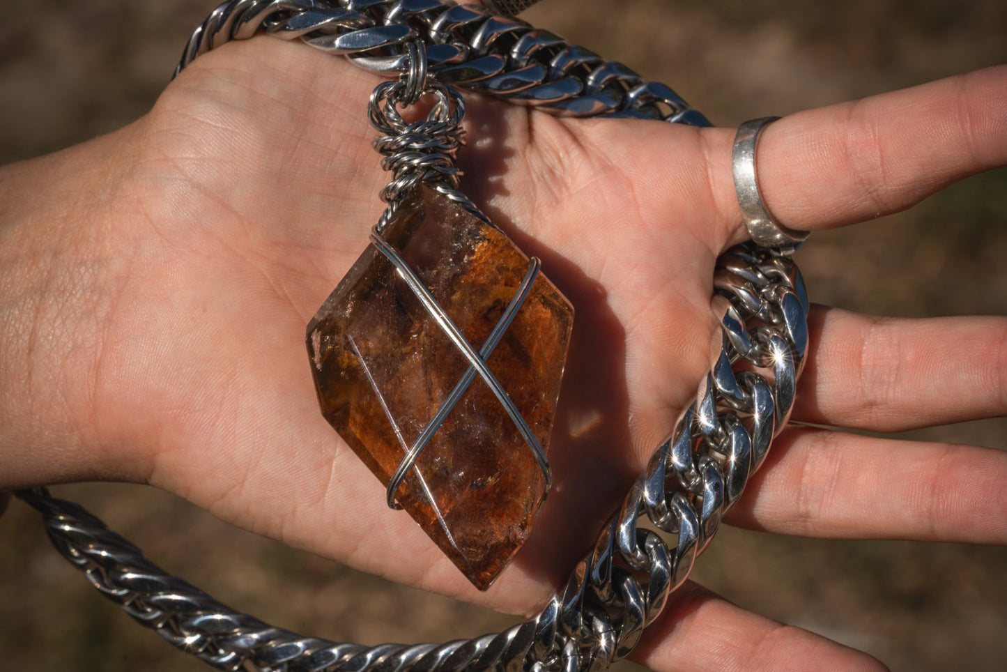 'Amplify the Good' Giant Rust Orange Lodolite Shield Stainless Steel Mega Chonk Necklace