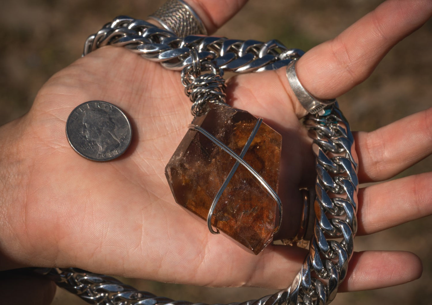 'Amplify the Good' Giant Rust Orange Lodolite Shield Stainless Steel Mega Chonk Necklace