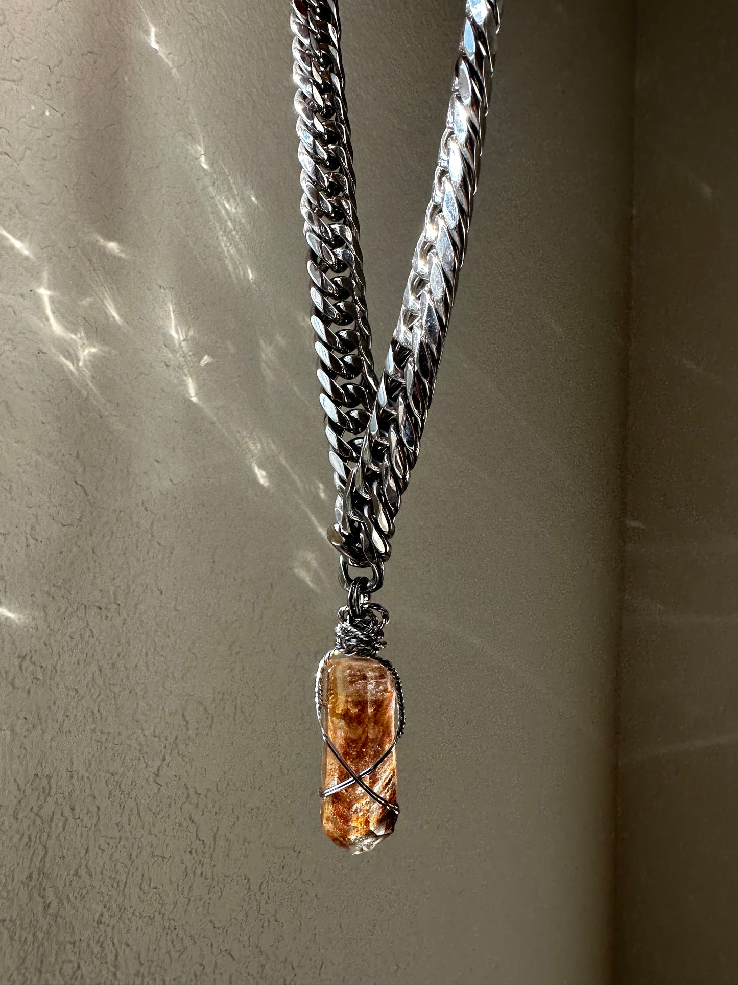 'Claim Your Power' Lodolite Point with Rust Colored Inclusions Super Chonk Stainless Steel Cuban Chain Necklace (16mm Thick)
