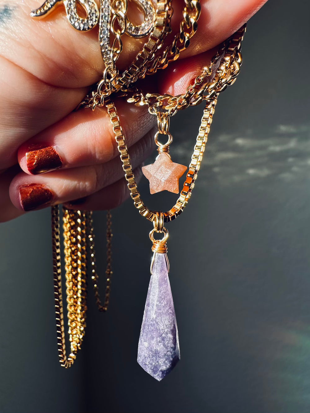 Lepidolite Kite & Peach Moonstone Star 'Loving Awareness' Gold Plated Stainless Steel Layer Necklace