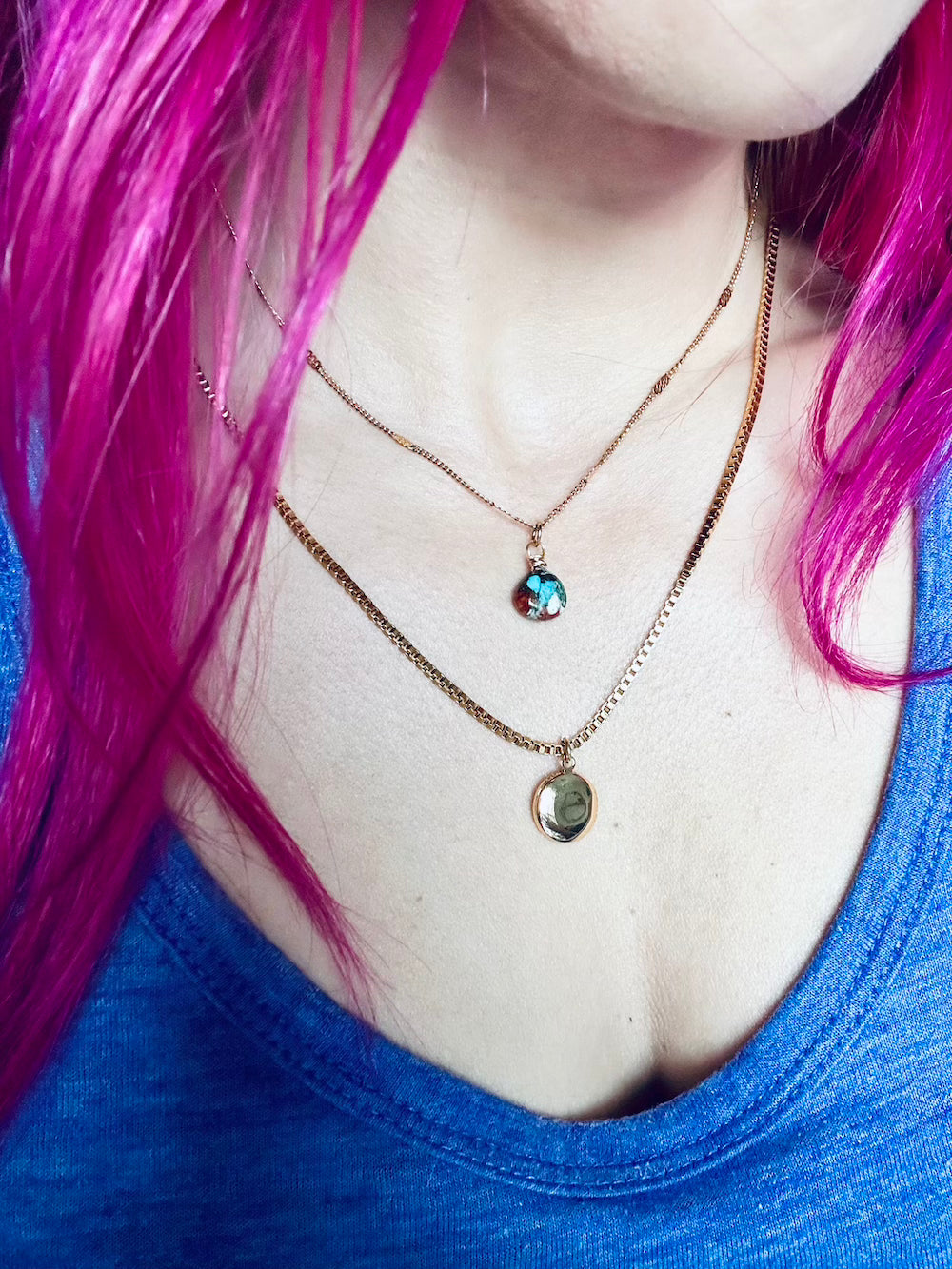 Amazonite Copper Turquoise & Round Locket 'Sacred Strength' Gold Plated Stainless Steel Layer Necklace