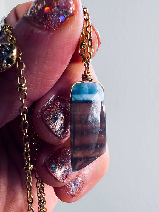 'Release the Past' Faceted Blue Boulder Opal Gold Plated Stainless Steel Necklace