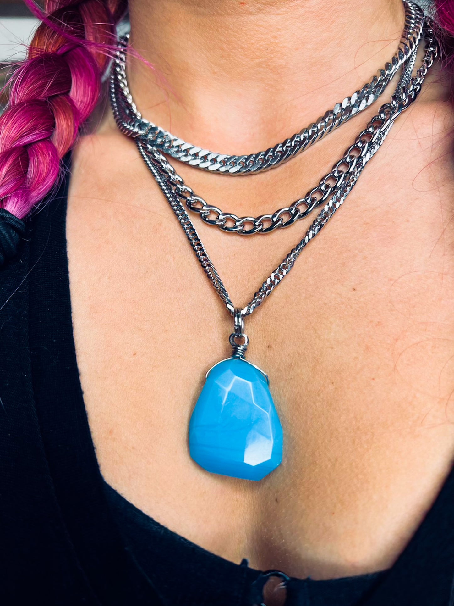 'Embrace Your Truth' Giant Faceted Blue Quartz Pendant Stainless Steel Layered Necklace