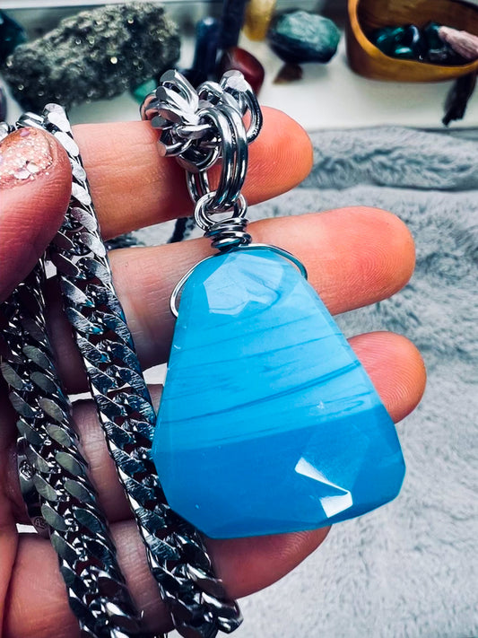 'Remaining Calm is a Superpower' Giant Faceted Blue Quartz Pendant Stainless Steel Curb Chain Necklace