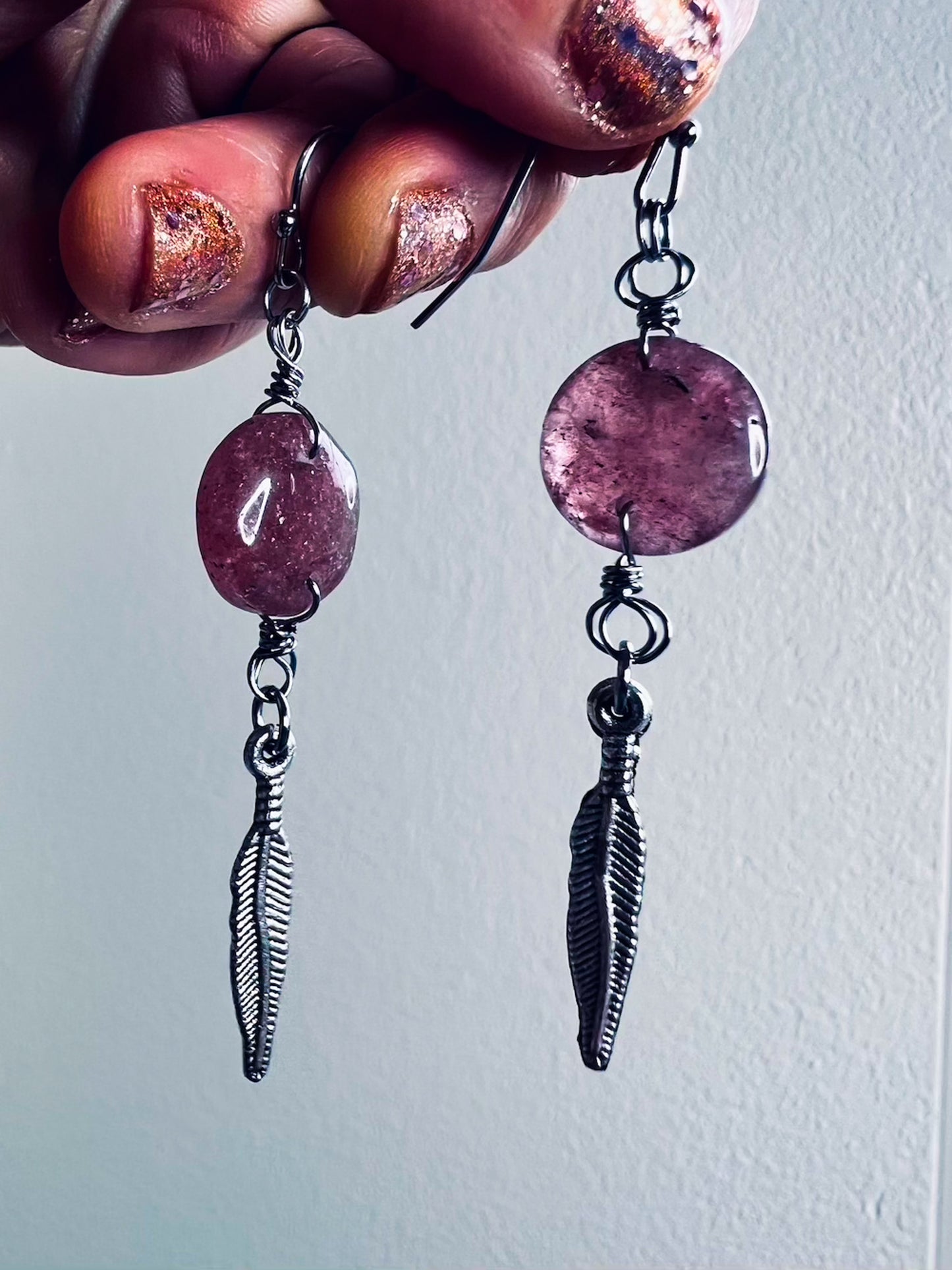 'Trust Yourself’ Strawberry Quartz & Feather Charm Stainless Steel Earrings