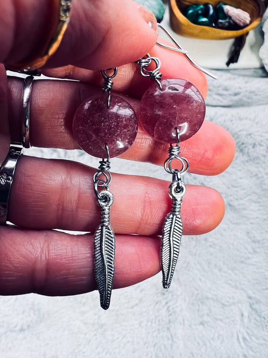 'Trust Yourself’ Strawberry Quartz & Feather Charm Stainless Steel Earrings