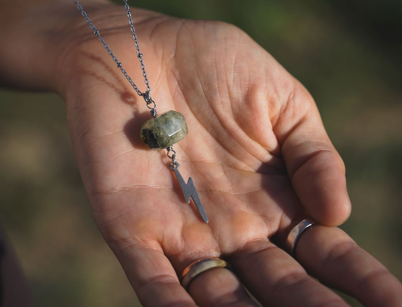 'Trust Your Intuition' Prehnite Nugget & Lightning Bolt Charm Stainless Steel Necklace