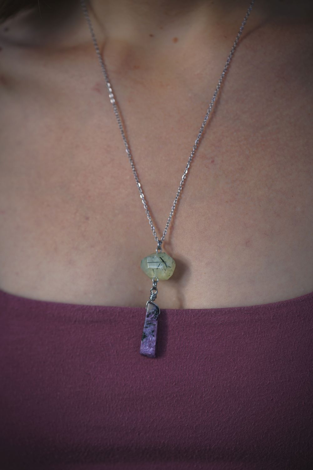 This gorgeous Prehnite stone is about .35" long, while the Charoite is approximately .65" long, both suspended from a 20" long stainless steel chain. In addition, I infuse each of my handcrafted crystal designs with Reiki energy and charge and clear them with sunlight, moonlight, and sage, which amplifies not only the stones but your intentions as well. This necklace came to be for a specific person and situation, there are no coincidences, so if you stumbled across this page, maybe it was meant for you:)
