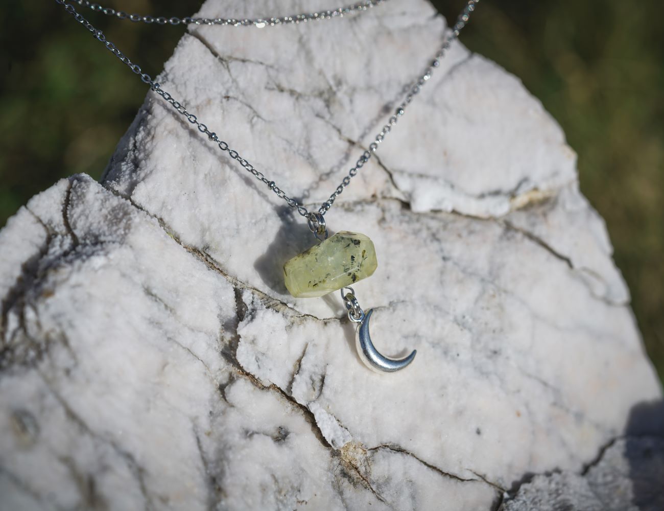'Trust Your Intuition' Prehnite Nugget & Crescent Moon Stainless Steel Layer Necklace