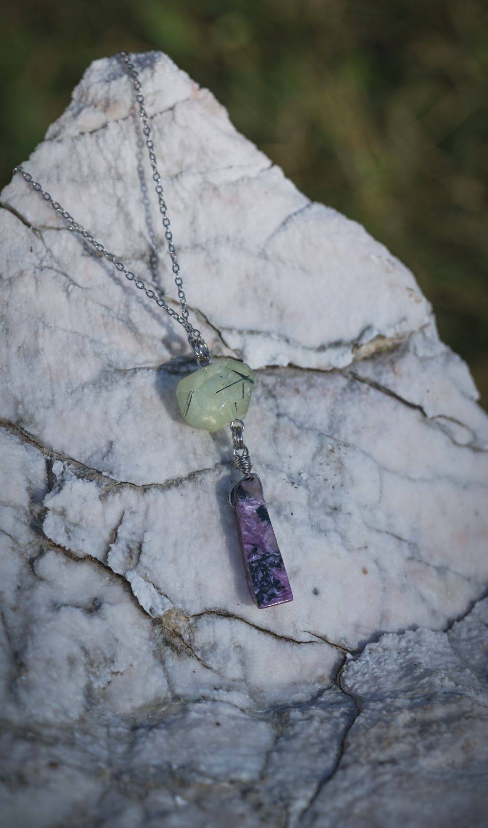 'Healing Journey' Prehnite Nugget & Charoite Slab Stainless Steel Necklace