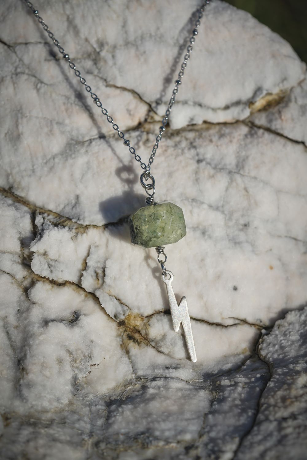 'Trust Your Intuition' Prehnite Nugget & Lightning Bolt Charm Stainless Steel Necklace