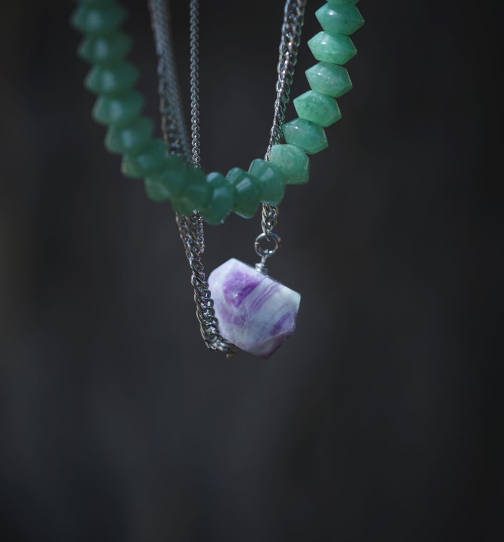 'Creative Opportunities’ Faceted Aventurine & Striped Fluorite Nugget Stainless Steel Layer Necklace