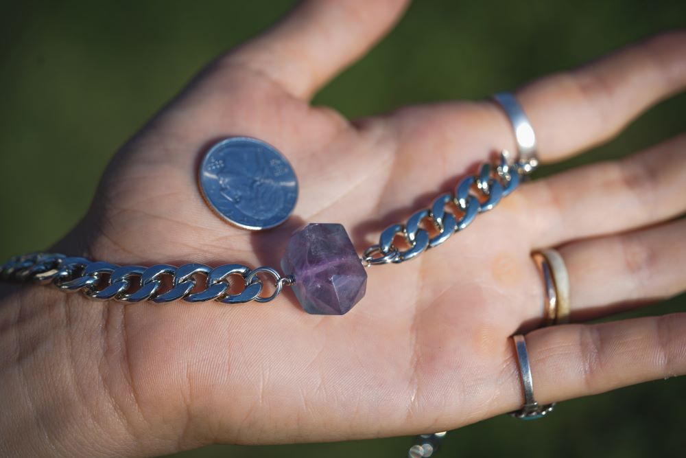 'Heart Healing' Purple Fluorite Nugget Chonk Stainless Steel Choker Necklace (slight chip in the point)