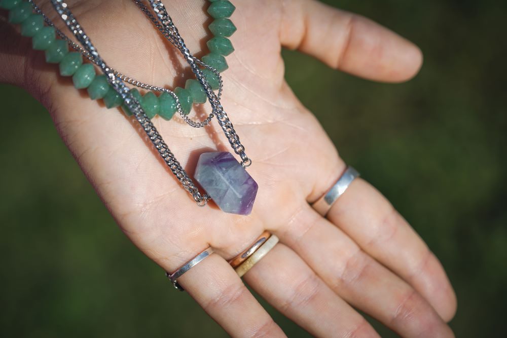 'Creative Opportunities’ Faceted Aventurine & Striped Fluorite Nugget Stainless Steel Layer Necklace