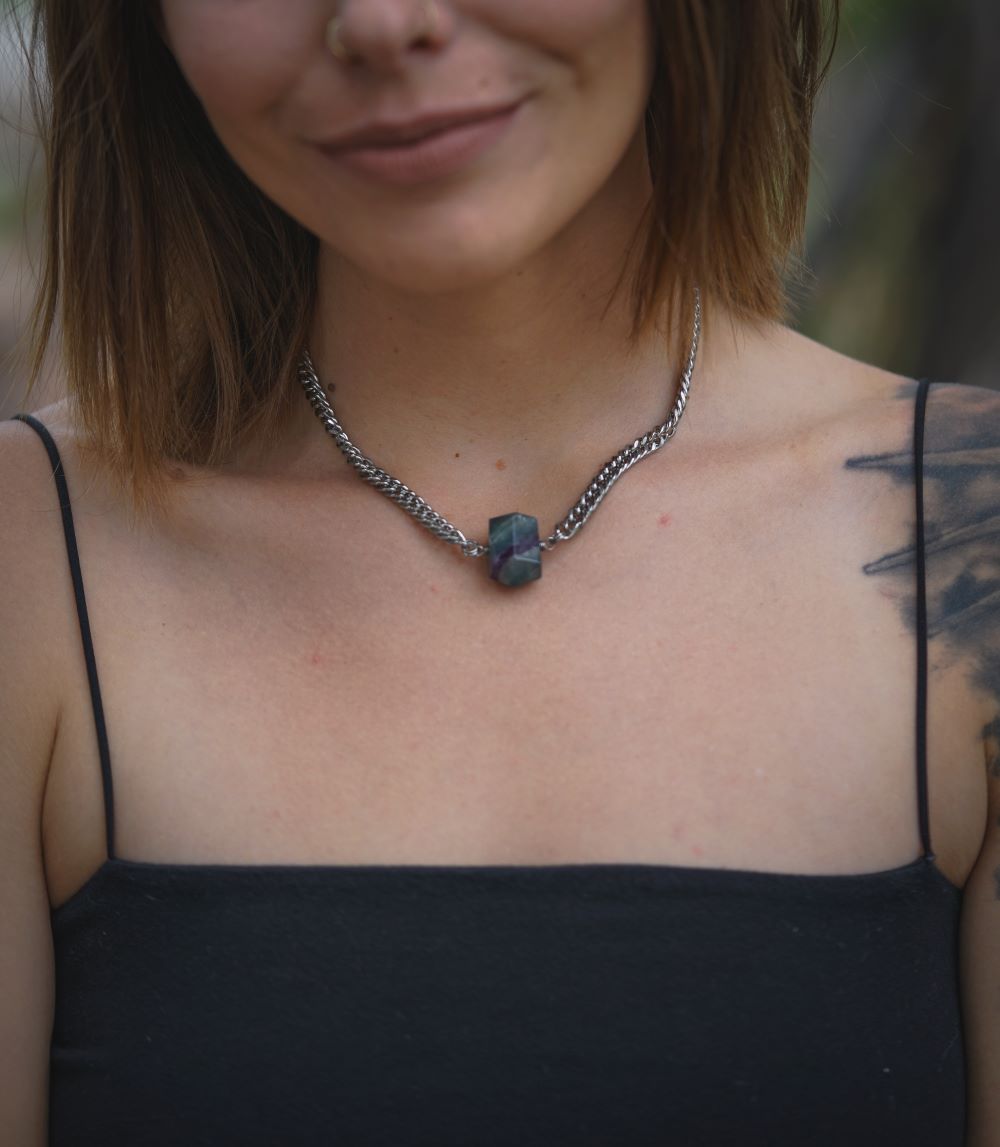 'Heart Healing' Fluorite Nugget Semi Chonk Stainless Steel Choker Necklace