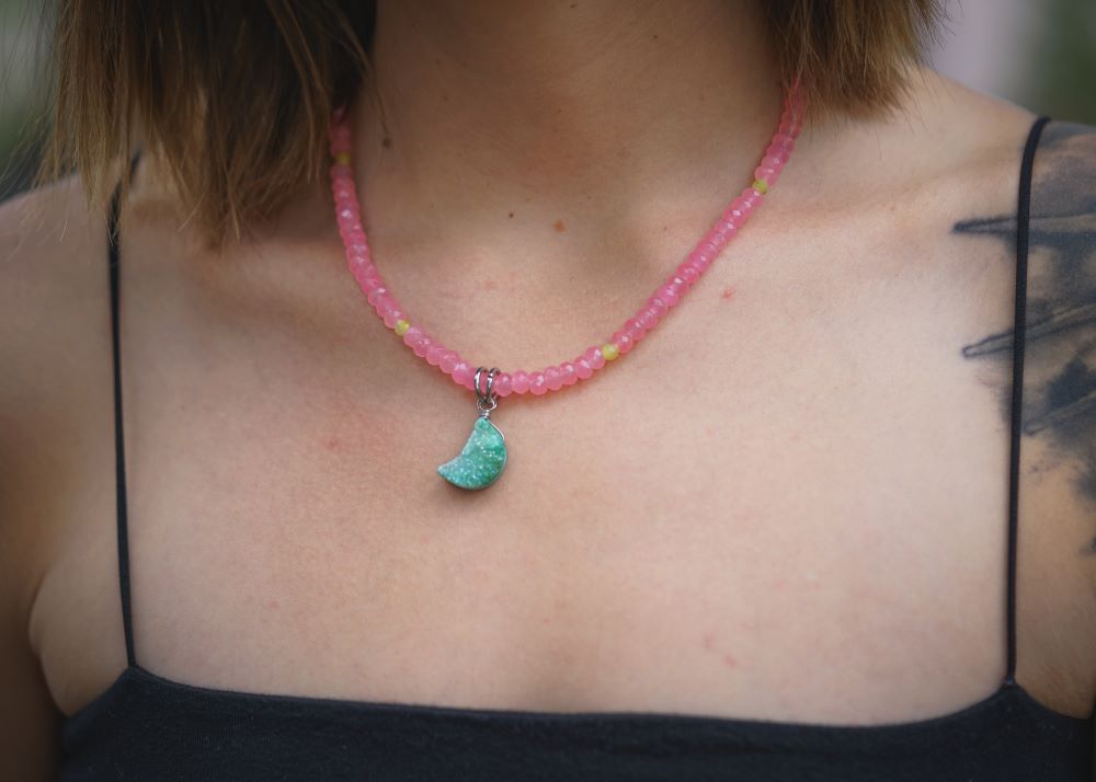 'You Deserve Love' Pink Jade, Olive Jade & Titanium Quartz Druzy Crescent Moon Stainless Steel Necklace