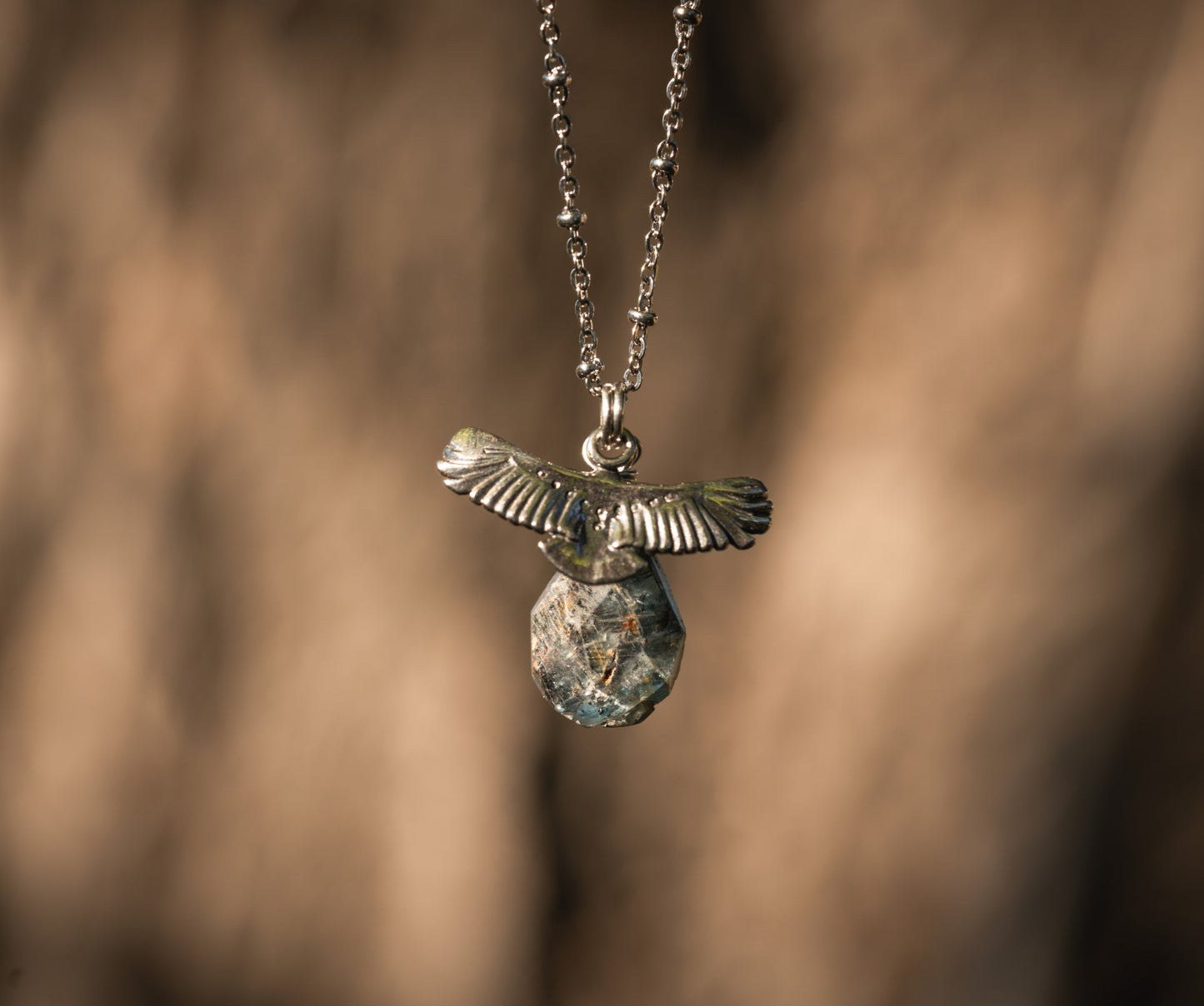 'I Am Worthy of Good Things' Raw Faceted Kyanite Drop & Hawk Charm Stainless Steel Necklace