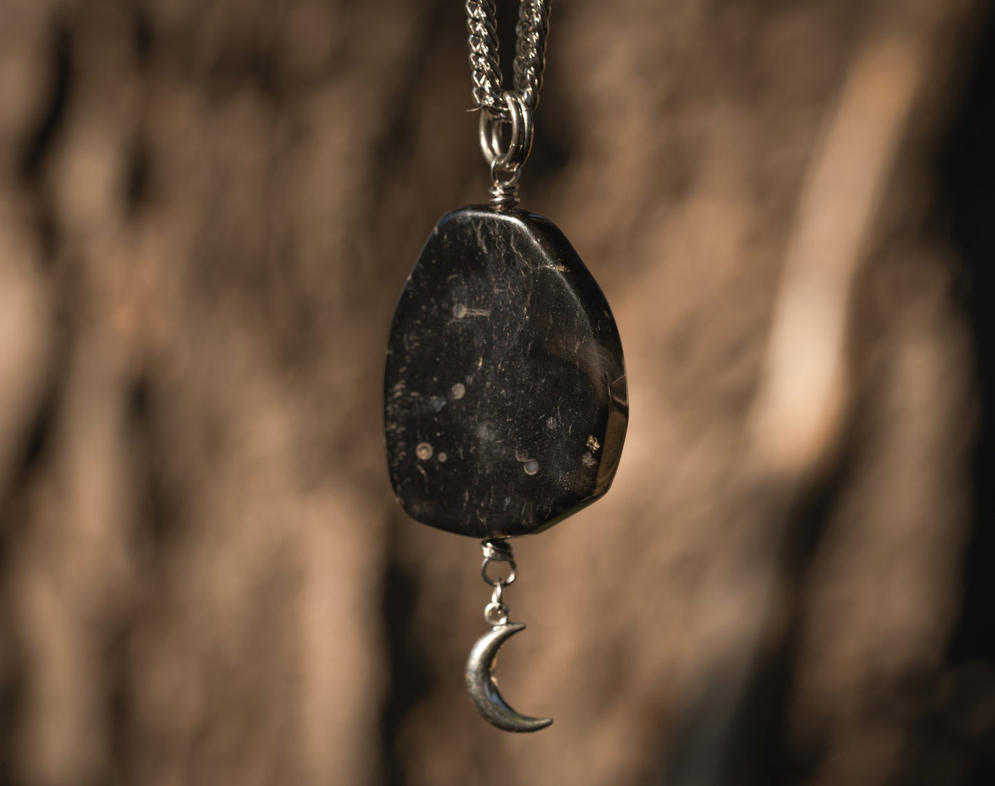 'Fresh Perspective' Black Banded Agate Slice & Crescent Moon Stainless Steel Necklace