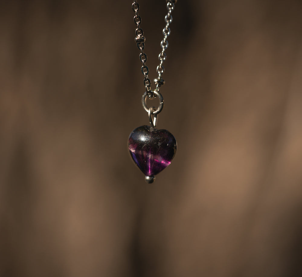 'Love & Gratitude' Purple Fluorite Heart Pendant Stainless Steel Necklace
