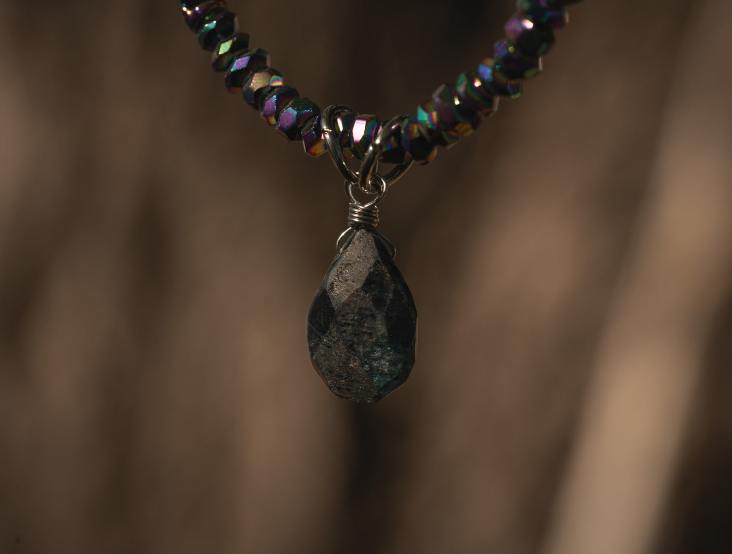 'I Am Worthy of Good Things’ Faceted Rainbow Titanium Quartz & Raw Faceted Kyanite Drop Stainless Steel Necklace