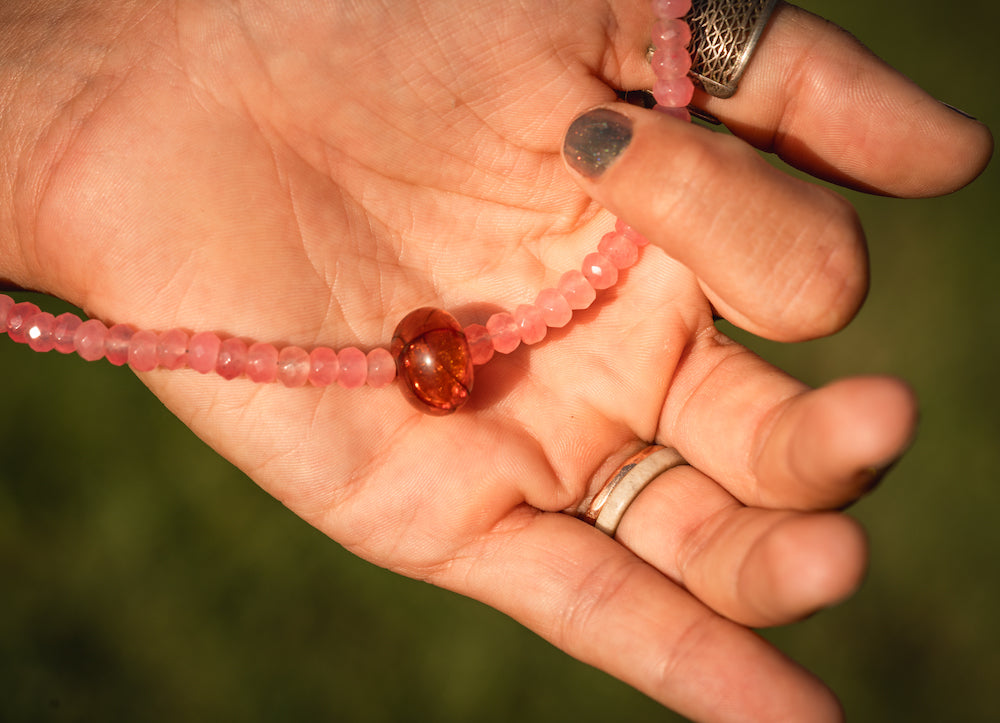 'Let Love In' Faceted Pink Jade & Amber Pendant Choker Necklace