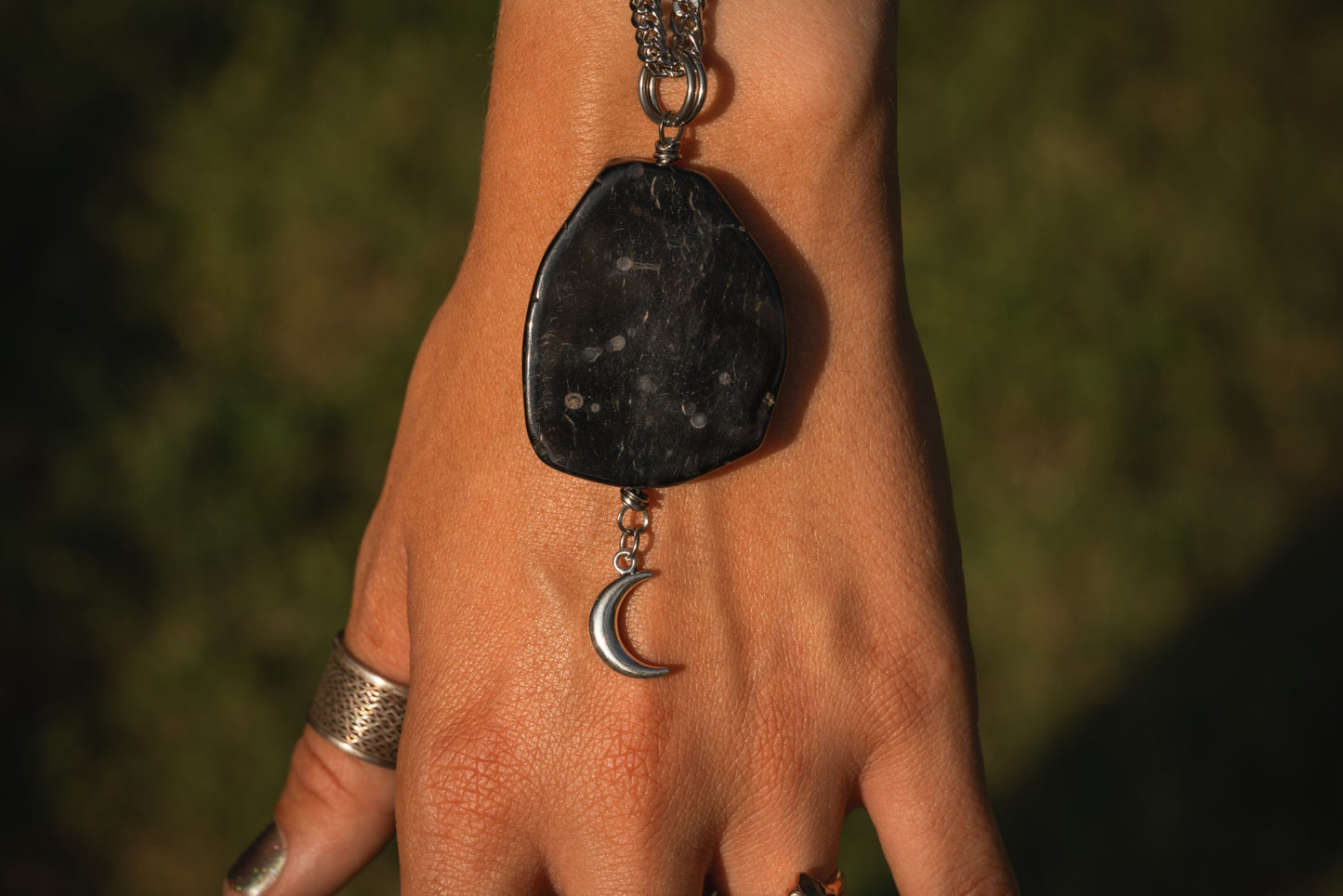 'Fresh Perspective' Black Banded Agate Slice & Crescent Moon Stainless Steel Necklace