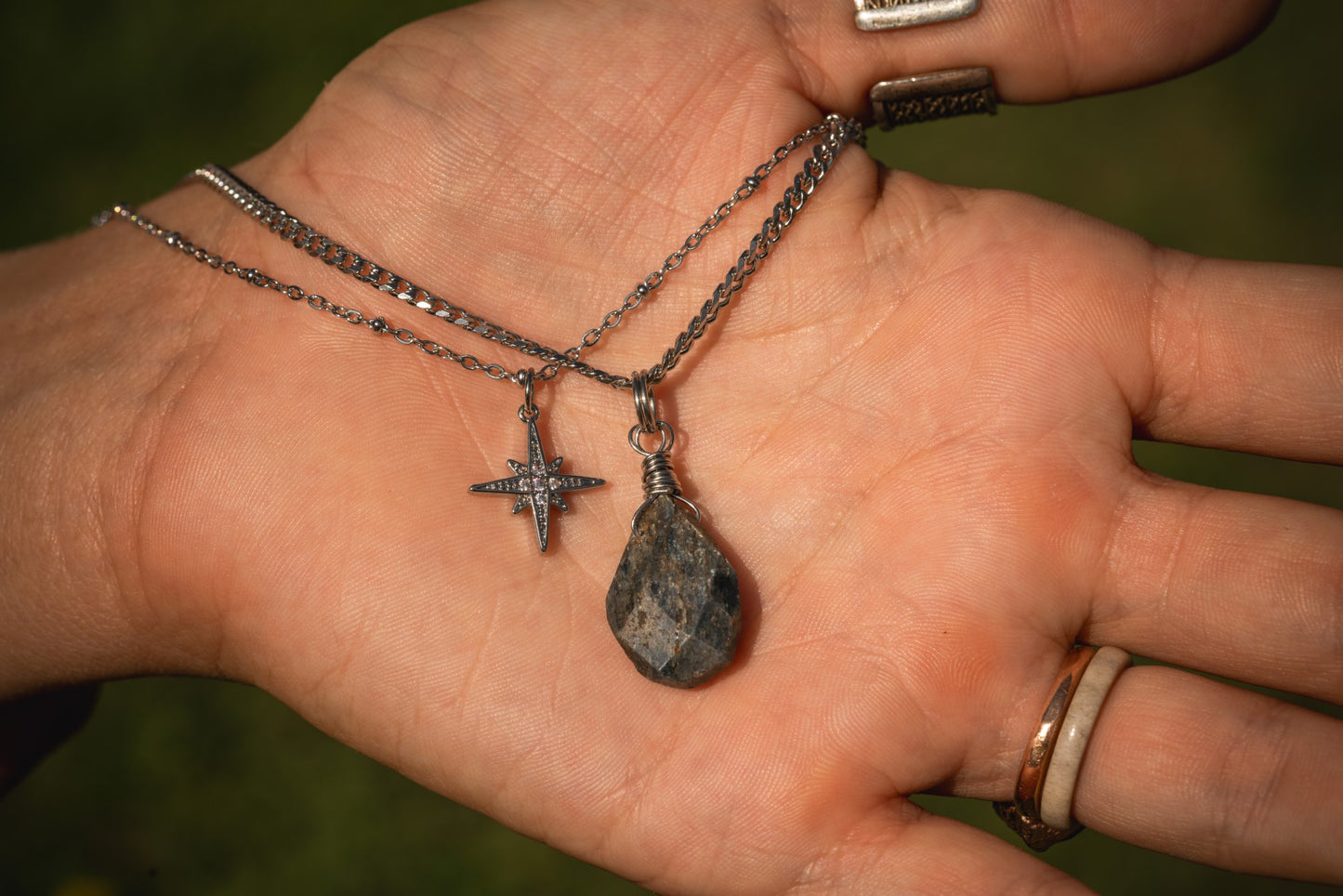 'Aligned Grace' Raw Faceted Kyanite Drop & North Star Charm Stainless Steel Necklace