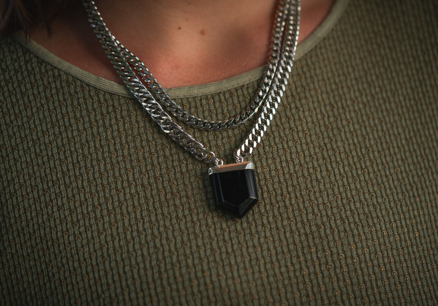 'Unlock Creativity' Black Obsidian Shield Stainless Steel Necklace
