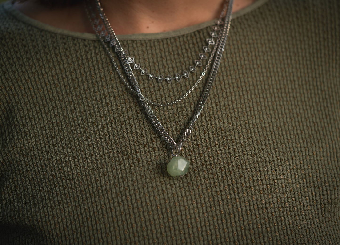 'Heal at Your Own Pace' Prehnite Nugget Evil Eye Stainless Steel Layer Necklace