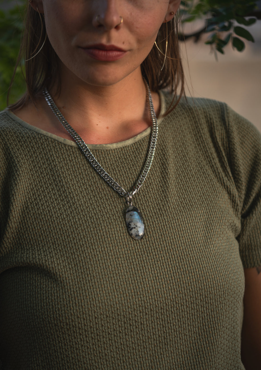 'You Know the Way' Large Oval Rainbow Moonstone Medallion Stainless Steel Necklace