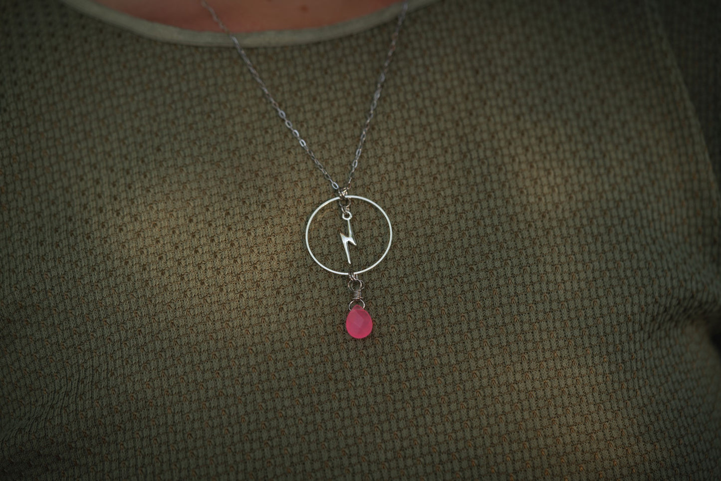 'Let Love In' Faceted Pink Jade Drop & Lightning Bolt Hoop Stainless Steel Necklace
