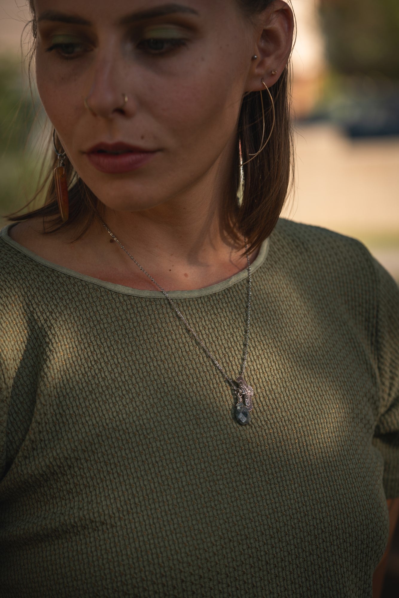 'I Am Worthy of Good Things' Raw Faceted Kyanite Drop & Hawk Charm Stainless Steel Necklace