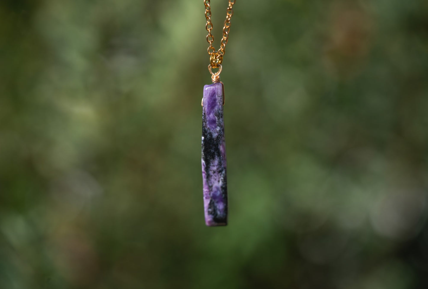 'Present Moment Awareness' Charoite Stick Gold Plated Stainless Steel Dainty Necklace