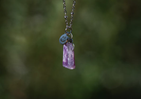 'Open Heart, Open Mind' Charoite & Lil Smiley Stainless Steel Necklace