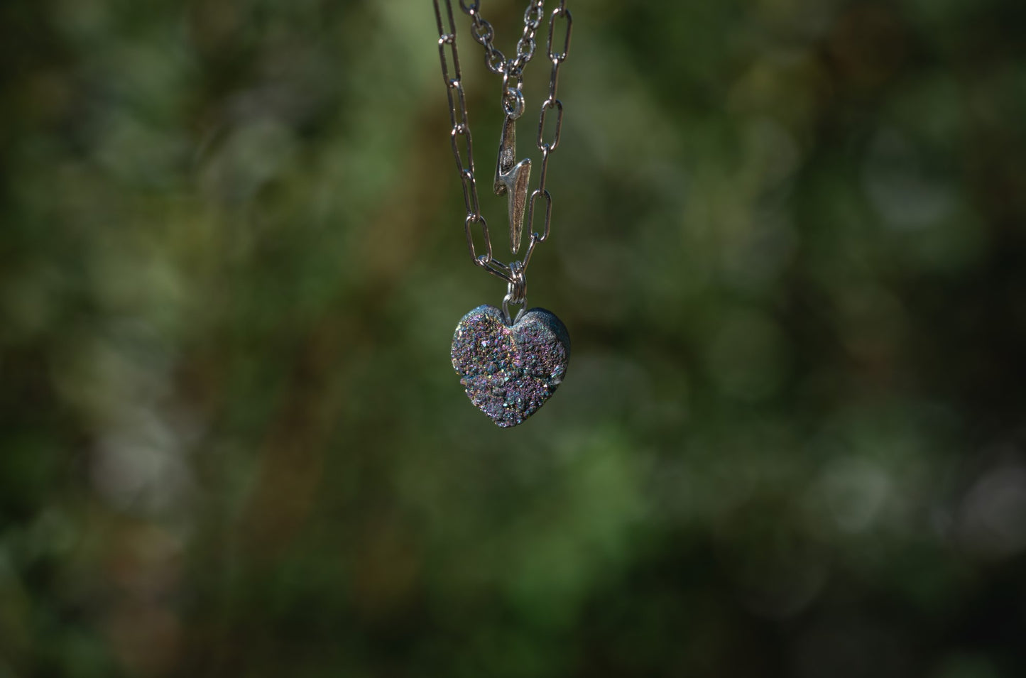 'Stay in Your Happy Place’ Rainbow Titanium Quartz Heart Druzy & Lightning Bolt Stainless Steel Dainty Necklace