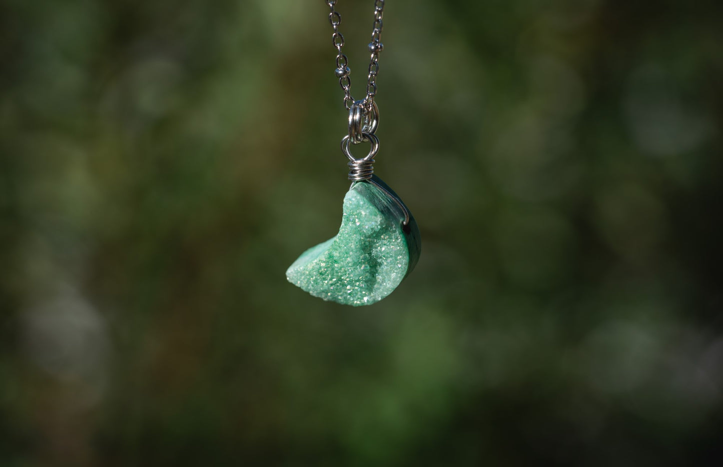 'Stay in Your Happy Place’ Seafoam Green Crescent Moon Titanium Quartz Druzy Stainless Steel Layer Necklace