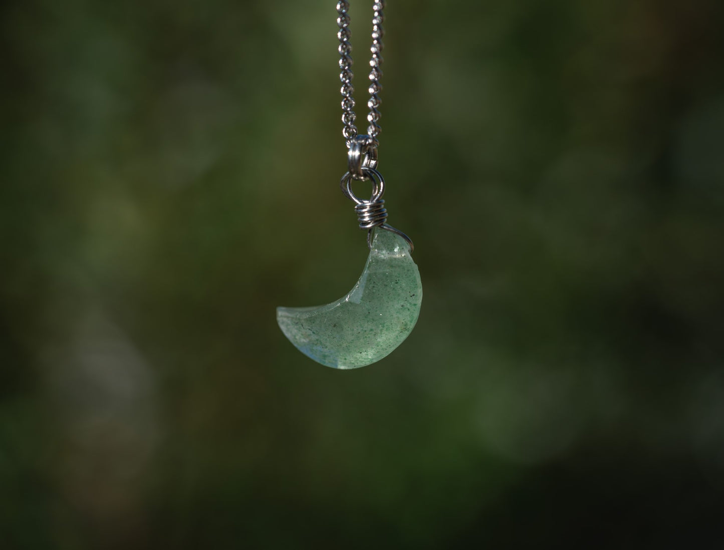 'Trust Yourself’ Green Strawberry Quartz Crescent Moon Stainless Steel Necklace