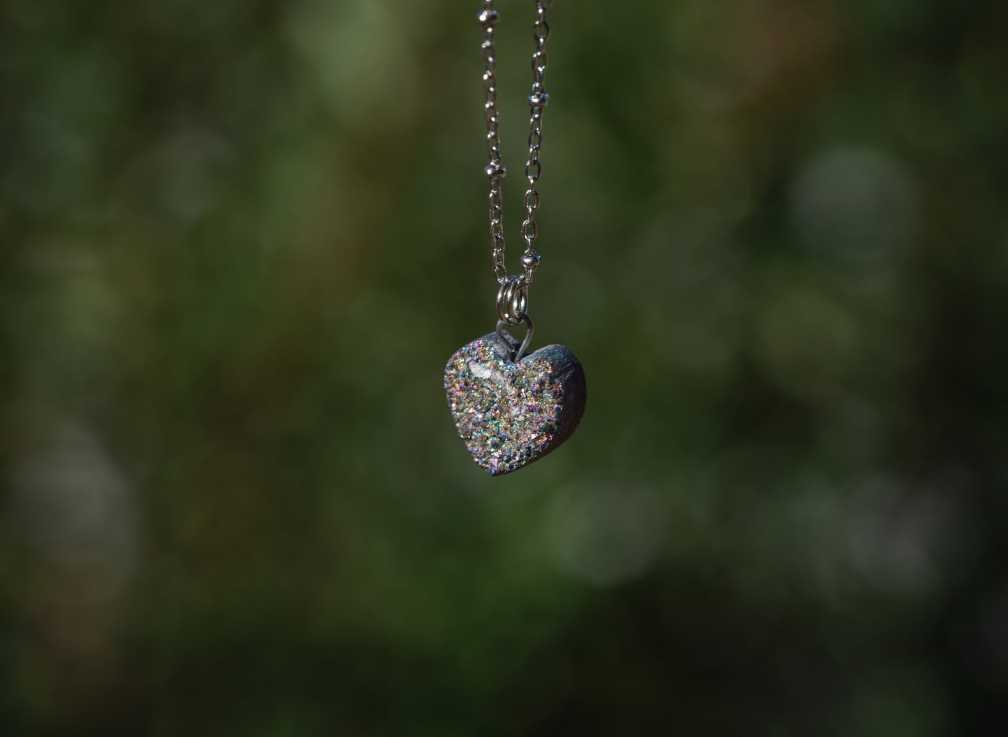 'Optimistic Point of View’ Rainbow Titanium Quartz Heart Druzy Stainless Steel Dainty Necklace