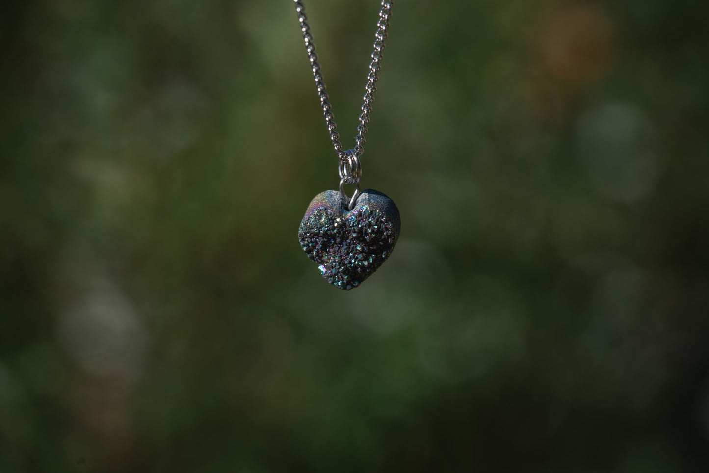 'Trust Your Intuition’ Titanium Quartz Heart Druzy Stainless Steel Necklace