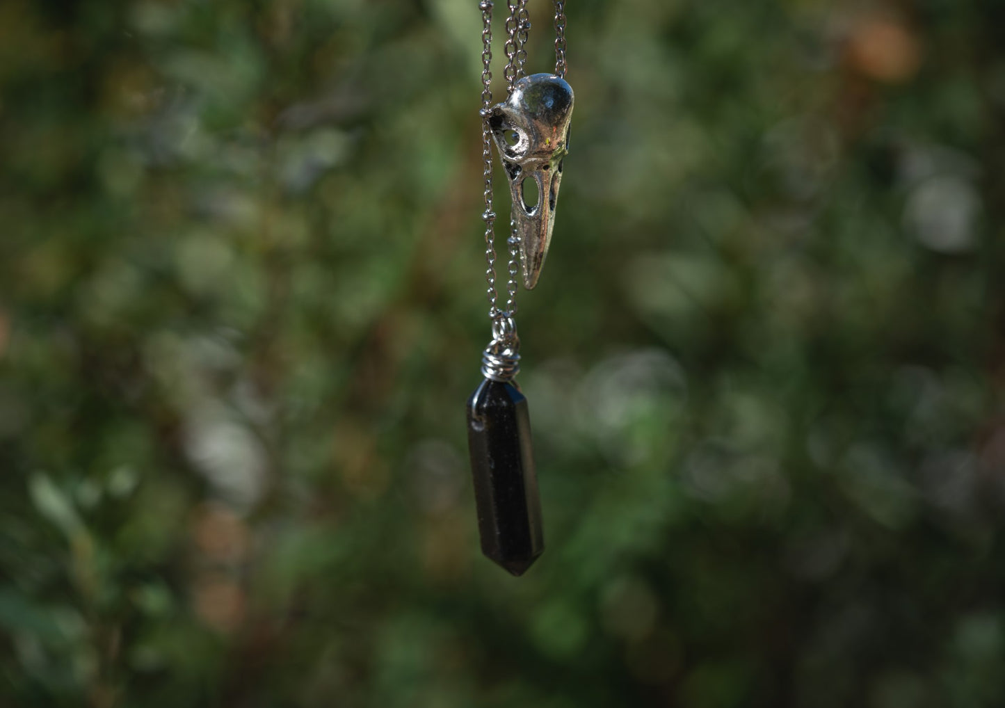'Unlock Creativity' Double Terminated Black Obsidian & Bird Skull Stainless Steel Layer Necklace