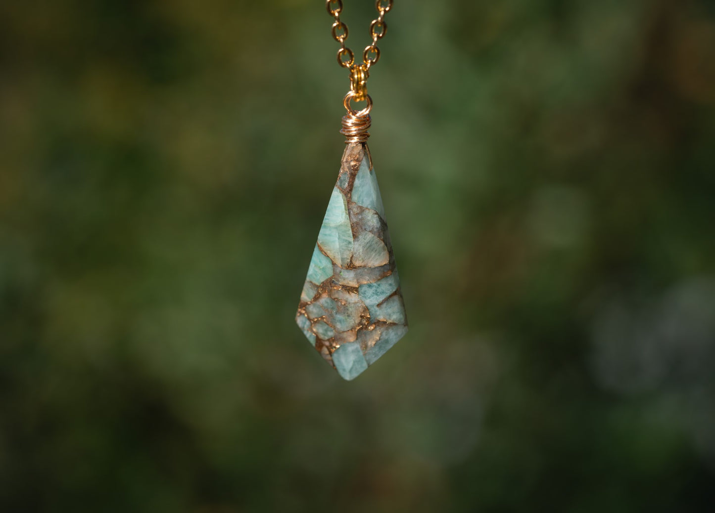'Aligned Action' Amazonite Copper Turquoise INverted Shield Gold Plated Stainless Steel Necklace