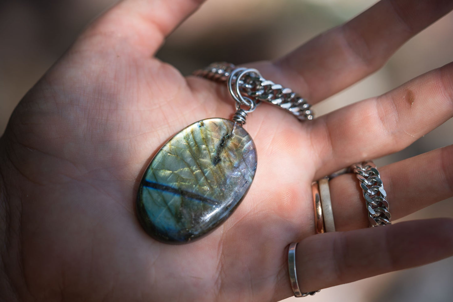'Change Your Perspective’ Rainbow Oval Labradorite Medallion Stainless Steel Chonk Necklace