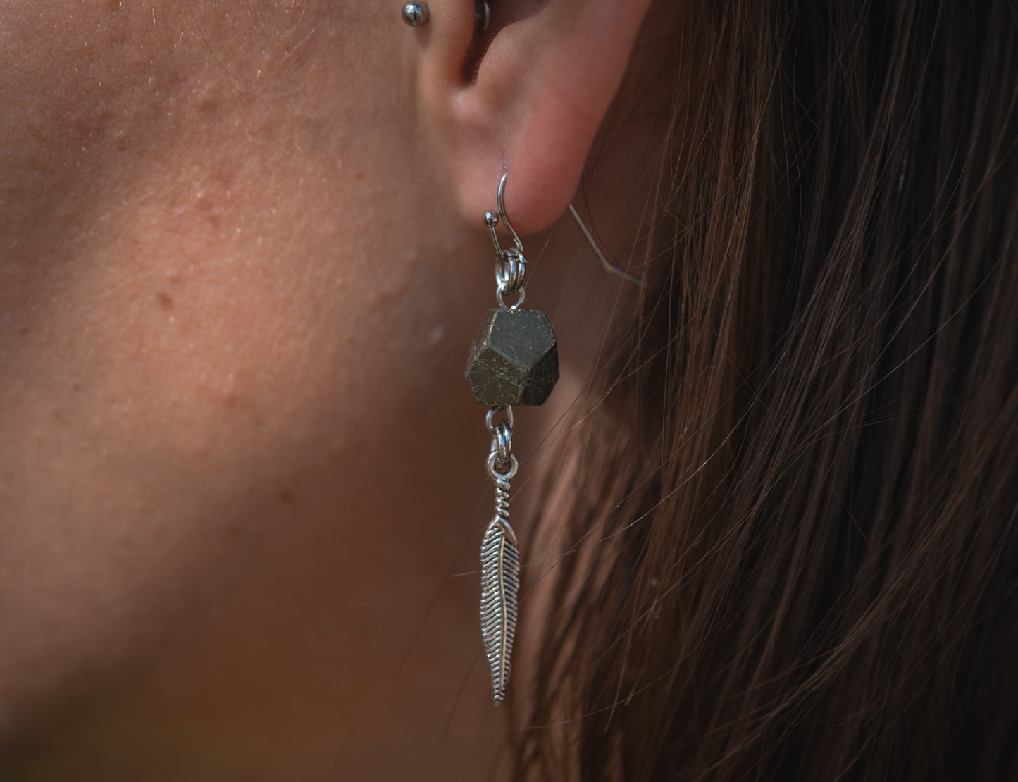 'Kick the Sh*t Out of Your Problems' Pyrite Hexagonal Ball & Feather Charm Stainless Steel Earrings