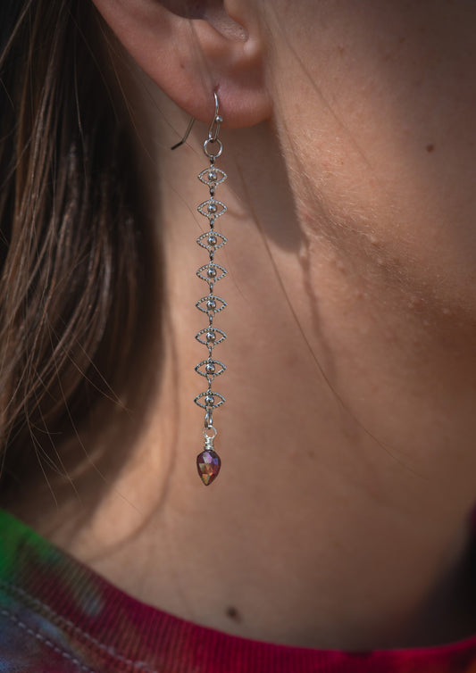 'Connect With Gratitude' Mystic Garnet Evil Eye Stainless Steel Drop Chain Earrings