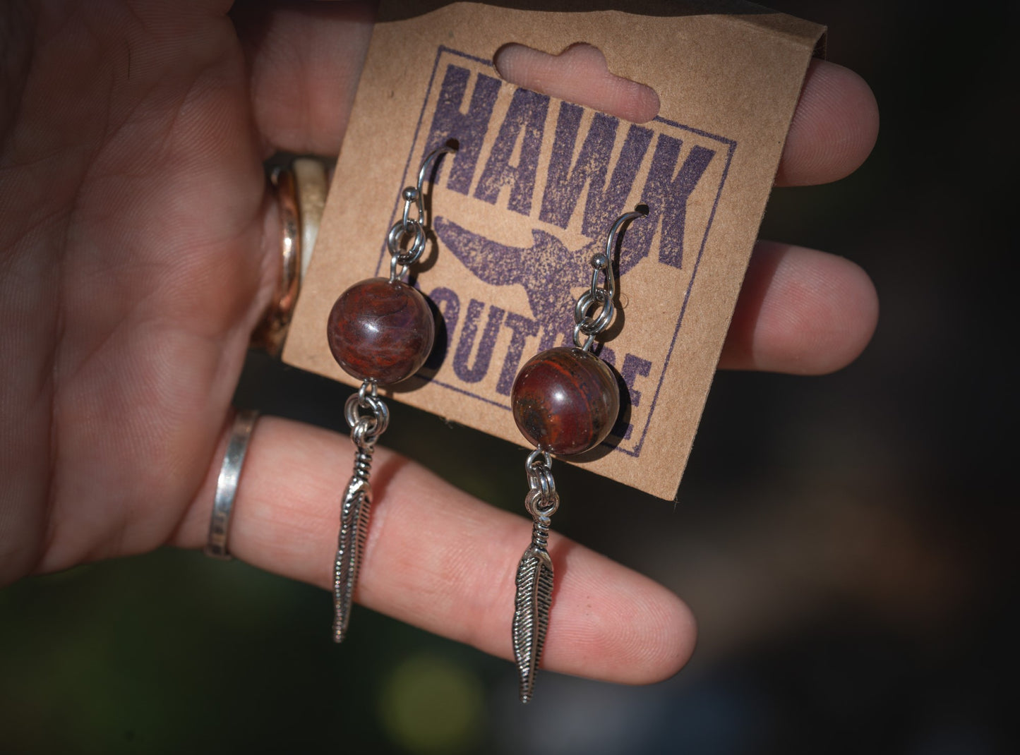'Connect with Your Purpose' Red Jasper & Feather Charm Stainless Steel Earrings