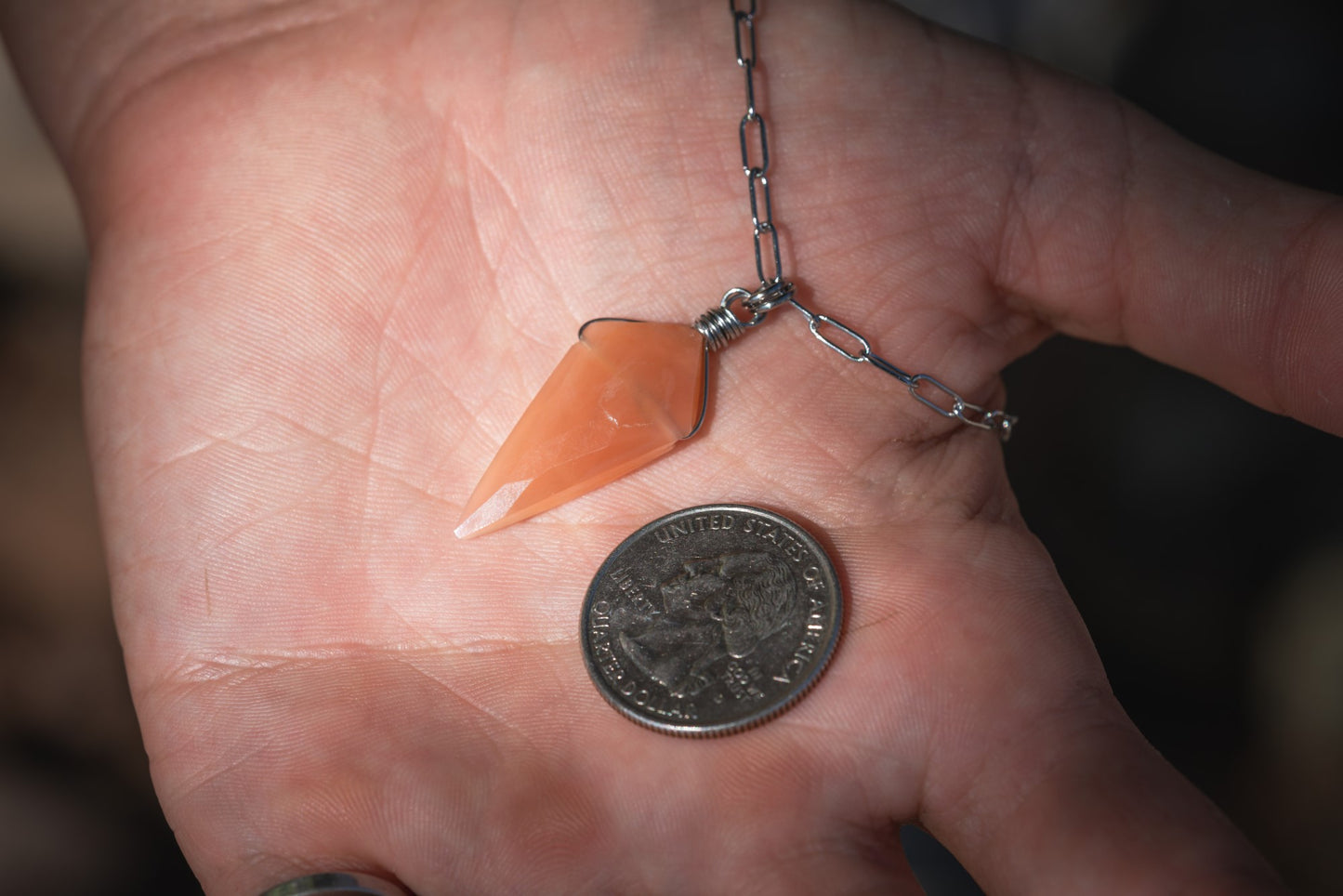 'Be Gentle With Yourself' Faceted Peach Moonstone Shield Stainless Steel Dainty Necklace