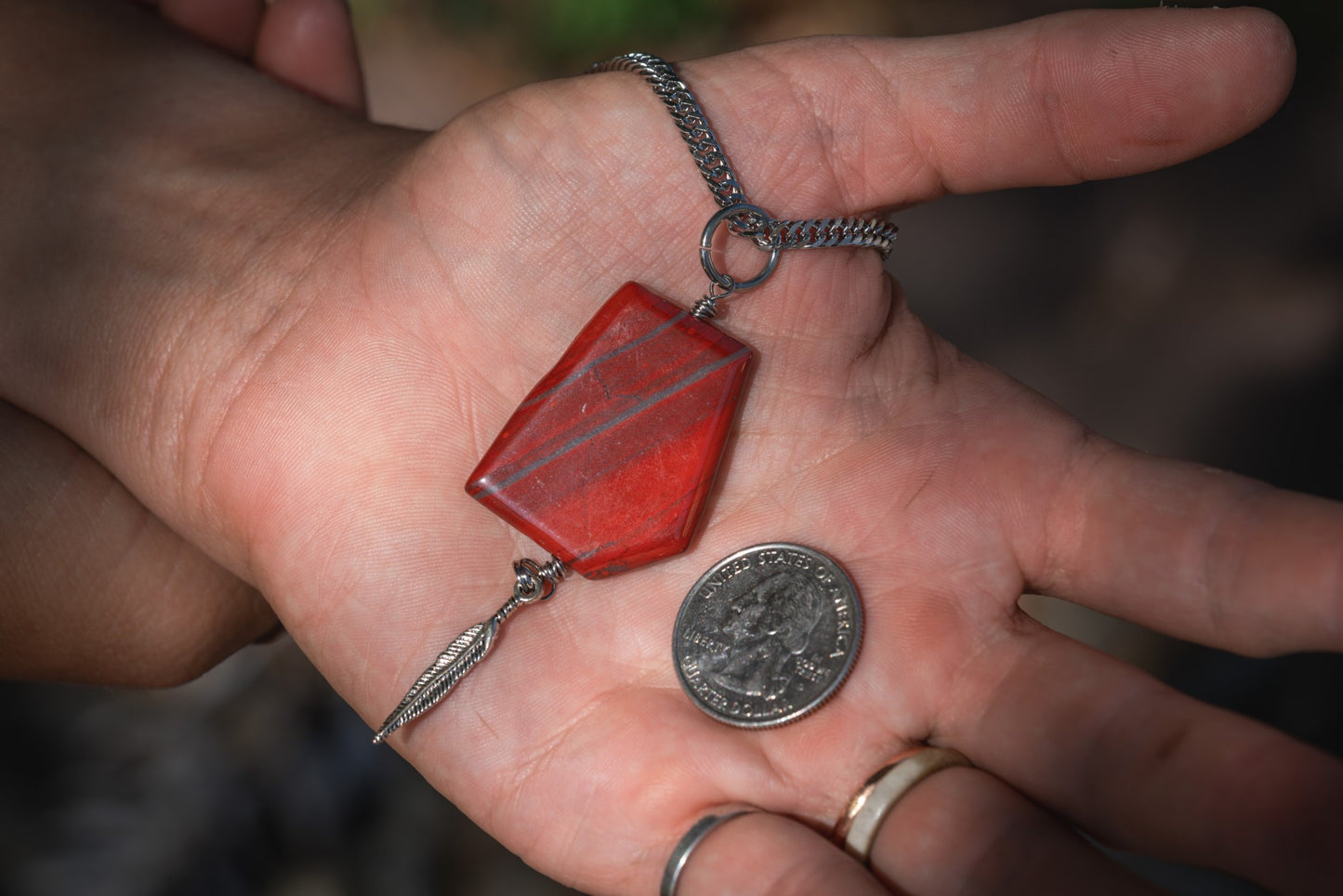 'Connect with Your Purpose' Red Jasper Slab & Feather Charm Stainless Steel Necklace