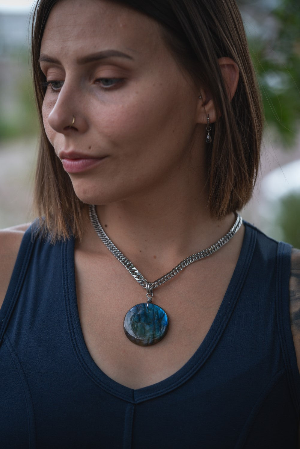 'Tune Into Your Greatness’ Giant Labradorite Medallion Stainless Steel Chonk Necklace