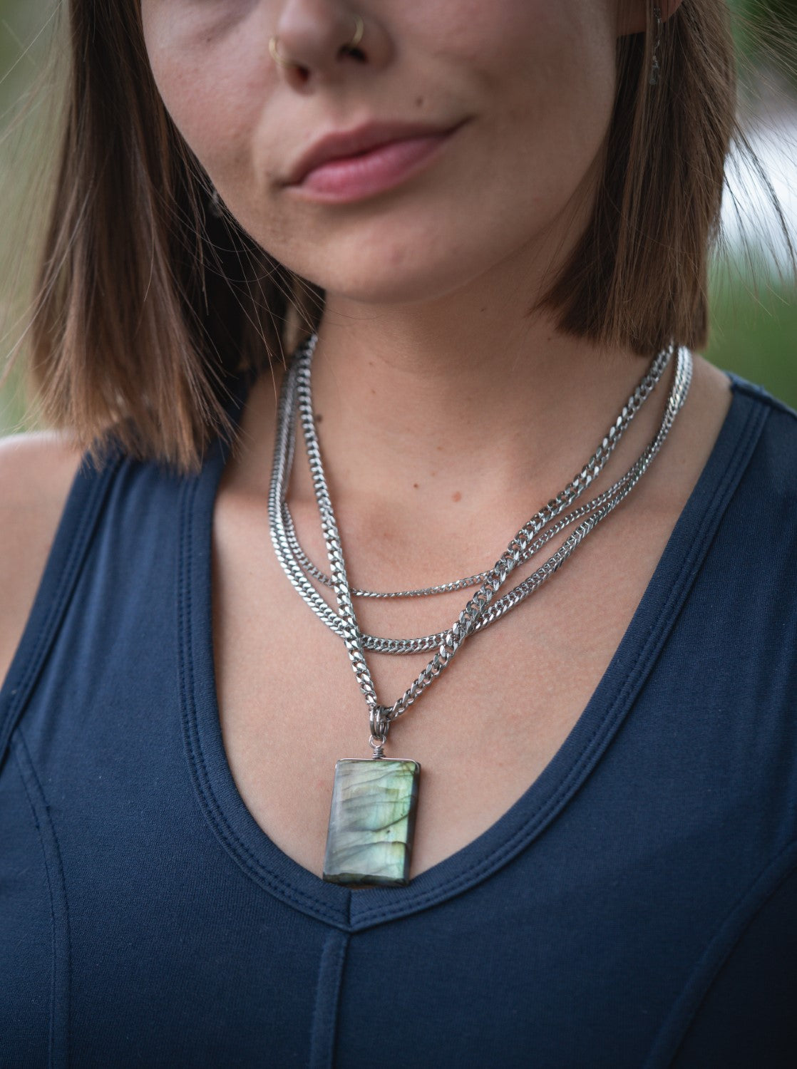 'Bring on the Transformation’ Large Rectangle Labradorite Medallion Stainless Steel Semi Chonk Necklace